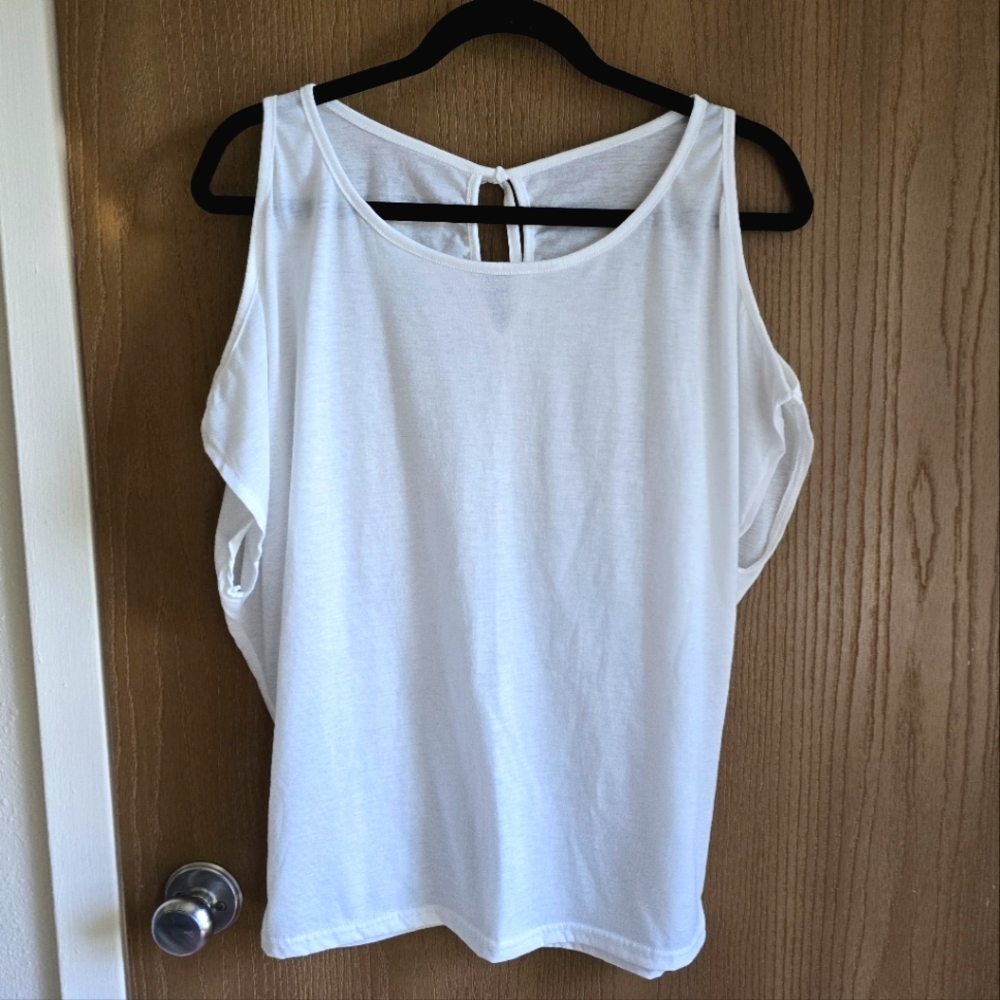 White cold shoulder top w/tie back
